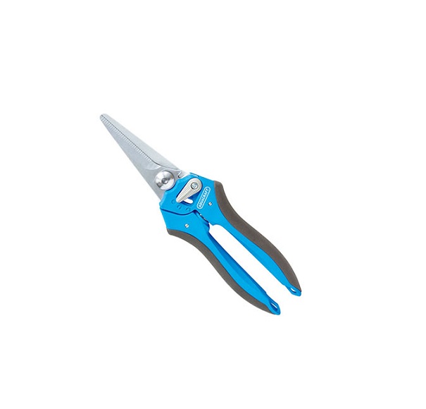 Ergonomic designed handle with soft components. Variable size handle opening. Easy to reach lock for single hand operation. Ideal for flower and herb gardening, bonsai, and houseplants, cutting dowel rods, wire, cardboard and leather. Carbon steel blades.