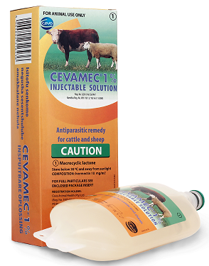 Antiparasitic remedy for cattle and sheep. 1 % injectable Ivermectin. Macrocyclic lactone. Cattle: Roundworm, Eye worm and Parafilaria (false bruising  70 days needed before slaughter for lesions to disappear after treatment), sucking and mange lice, as well as sand tampans. Treats maggot infested wounds (effective for 2 weeks) and Blue ticks (21 days effective). Fast grazing rotation for 21 days in Spring and again in Autumn will lead to a decrease in next generation blue tick numbers. Sheep: Prevention and treatment of roundworm, nasal bot, sheep scab, Australian itch mite during moist conditions.