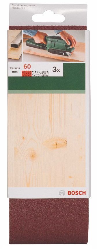 Sanding bel red quality for belt sanders, 75x457mm, 60, 3 pc. With highly precise, clean belt run for best surface quality and dust-free sanding belts, workpieces and power tools due to antistatic structure.