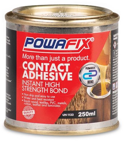 Powafix contact adhesive is a multi functional adhesive that provides an instant high strength bond between wood, textiles, PVC, metals, rubber, leather and laminates. Product is easy to use and non drip. Once dried it provides excellent resistance to wat