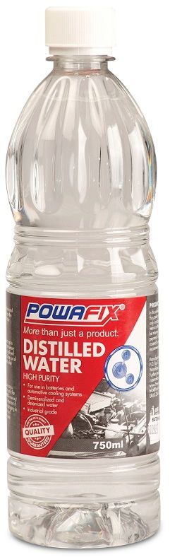 Powafix Distilled Water is a clear de-mineralised or deionised water for use in batteries and automotive cooling systems.