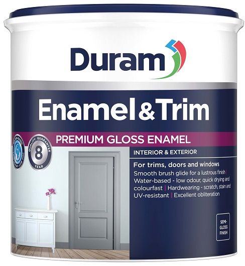 Premium Gloss Enamel, with a 8-year quality guarantee. For trims, doors and windows, smooth brush glide for a lustrous finish, water based, low odour, low VOC, quick drying and colourfast. Hardwearing, scratch, stain and UV resistant. Excellent obliterati