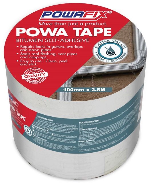 Powa Tape is an easy to use bitumen self-adhesive water proofing tape strip that can be applied to a variety of clean, well prepared surfaces. Powa Tape creates a water tight, long lasting seal on roof tiles, metal surfaces and fibre cement down pipes, gu