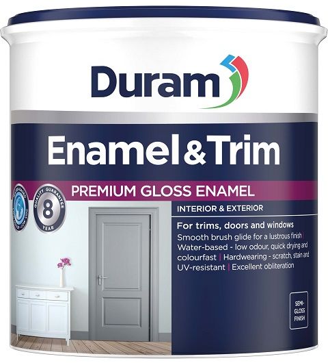 Premium Gloss Enamel, with a 8-year quality guarantee. For trims, doors and windows, smooth brush glide for a lustrous finish, water based, low odour, low VOC, quick drying and colourfast. Hardwearing, scratch, stain and UV resistant. Excellent obliterati