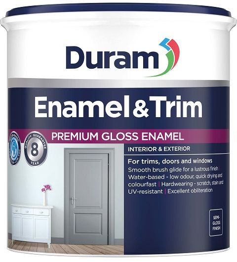 Premium Gloss Enamel, with a 8-year quality guarantee. For trims, doors and windows, smooth brush glide for a lustrous finish, water based, low odour, low VOC, quick drying and colourfast. Hardwearing, scratch, stain and UV resistant. Excellent obliterati