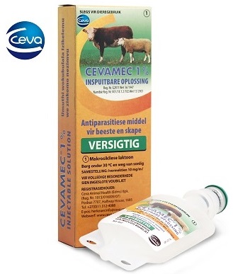 Antiparasitic remedy for cattle and sheep. 1 % injectable Ivermectin. Macrocyclic lactone. Cattle: Roundworm, Eye worm and Parafilaria (false bruising  70 days needed before slaughter for lesions to disappear after treatment), sucking and mange lice, as well as sand tampans. Treats maggot infested wounds (effective for 2 weeks) and Blue ticks (21 days effective). Fast grazing rotation for 21 days in Spring and again in Autumn will lead to a decrease in next generation blue tick numbers. Sheep: Prevention and treatment of roundworm, nasal bot, sheep scab, Australian itch mite during moist conditions.