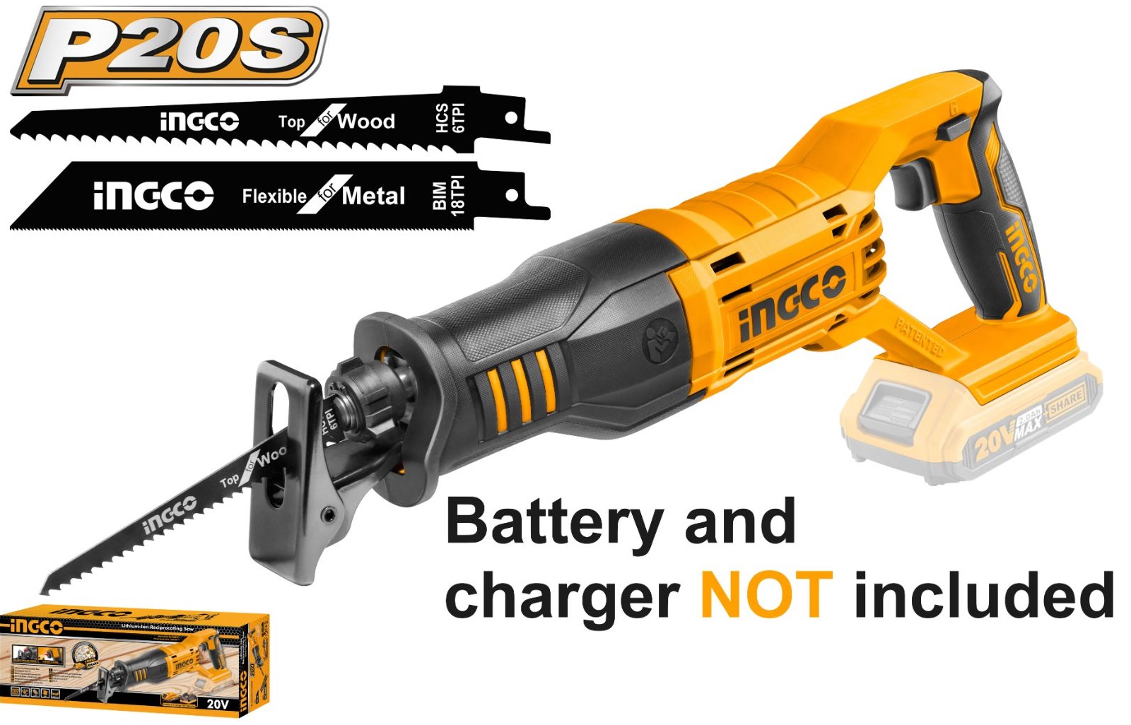 Voltage:20V. No-load speed:0-2800rpm. Cutting capacity: Metal:8mm, Wood:115mm. With 1pcs metal saw blade. With 1pcs wood saw blade. Battery and charger sold separately. Packed by colour box.