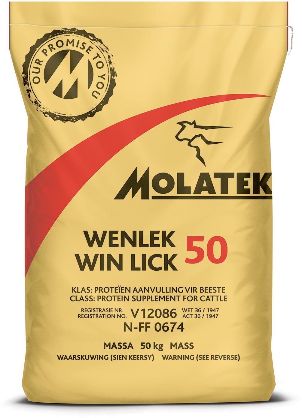 Molatek Win Lick 50 is a high-protein, ready-mixed winter lick for cattle containing 1% phosphate. It is formulated to ensure the correct intakes on low quality pasture and is especially suited to cattle grazing on sour veld. This winter lick supplements protein, specifically rumen degradable protein (RDP), macro minerals and trace minerals that are lacking in winter veld. It is not recommended for use in sheep. Stimulates appetite to increase intake and digestibility of dry matter to restrict weight loss during winter. A combination of protein and trace minerals stimulates the digestion of low-quality pasture/veld as it stimulates the digestion process of the microbes in the rumen. Can be mixed with grain to be provided as a production lick for lactating animals. Laxative effect helps to prevent dry gall sickness. Makes the feeding of urea safe because it is dissolved in molasses during the production process.