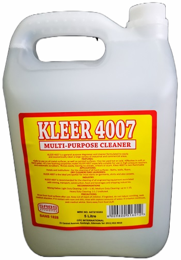 CF KLEER 4007 is a Multi-Purpose cleaner. Degreaser formulated for the removal of oil, grease and other soils from all surfaces. Use as manual application or though high-pressure cleaners. CF KLEER 4007 easily and economically cleans a large variety of industrial and commercial areas.