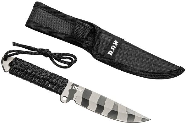 A Great camp / survival knife. Cord can be removed in a survival situation. Quick dry heavy duty nylon sheath.