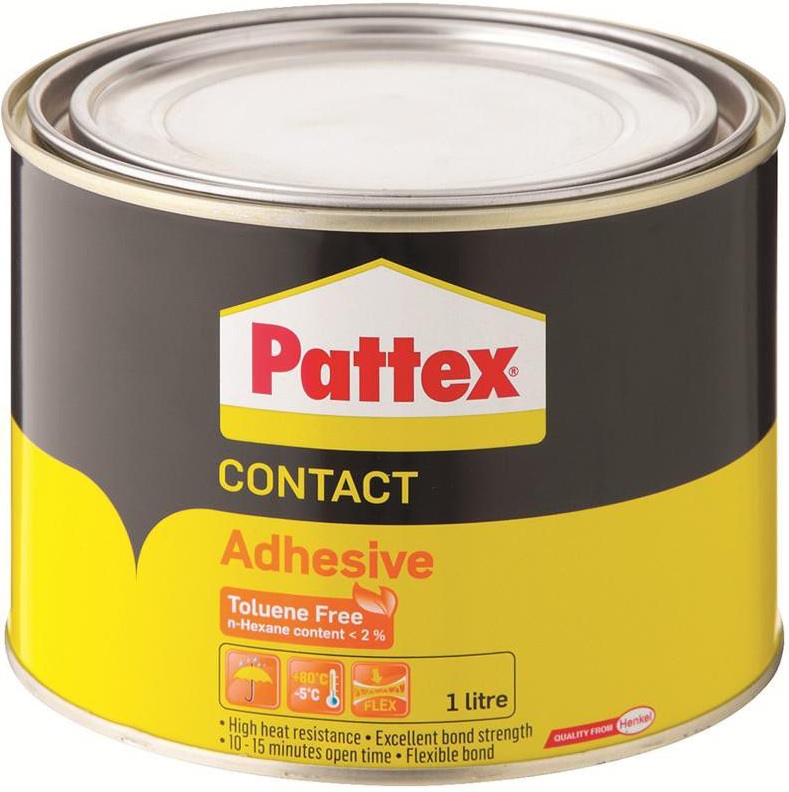 Pattex Contact Adhesive is at the core of our contact adhesives range.This Toluene free formulation spreads easily bonds quickly and offers superior sticking power.