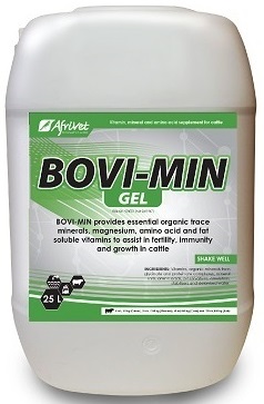 Vitamin, Mineral and Amino acid supplement for Cattle. BOVI-MIN provides essential organic trace minerals, magnesium, amino acid and fat soluble vitamins to assist in fertility, immunity and growth in cattle.