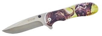This knife is an assisted, opening large folder. 420 stainless steel blade with satin finish. Safety clip. Easy one handed opening.