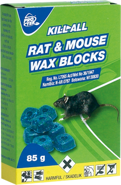 A grain rodenticide packed as wax blocks. Controls Norway rats, roof rats and house mice. Ready to use wax blocks. Single feed.
