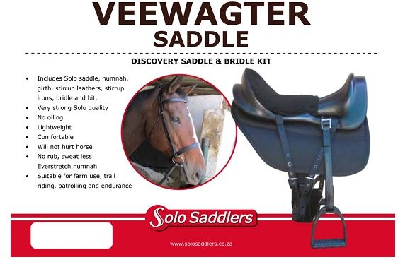 Comprising of our famous Solo saddle SAD023, numnah (saddle pad) NUM, bridle BRI086 in a zipped carry bagTree: Solo McLellan style fibreglass tree is specially designed to fit South African horses. Full tree without the hole in the middle makes it more comfortable for the rider. Two stirrup positions to fit a tall or short rider. Seat: Has a built in numnah - it is covered with soft black fleece, again much more comfortable for the rider. Twist - narrow. Panels: Cushioned felt panels for horses comfort. Girth: Chafeless padded girth. Girth Points: Strong nylon replaceable girth straps secure from front and back, to ensure a snug, comfortable and even contact saddle fit. Stirrups: Steel or polymer with strong nylon stirrup leathers that lie flat under riders legs. Ample Dee rings for attaching breastplate, saddle bags and crupper. Low maintenance - just wipe clean. For veewagter - farm work, trail riding, security.