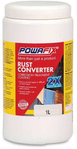 Powafix Rust Converter is an acrylic water based polymer coating that reacts and converts rust to a stable black protective coating that serves as an excellent primer and rust neutralizer.