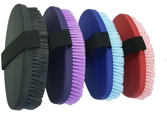 For use on the horse's body and legs. Removes dust, adds a shine to the coat and is soothing to the horse. Usually the last brush used when grooming. Special non-slip back is easy to grip in your hands and along with the bristles are hygienic and easy to clean. Black, blue, purple, red.
