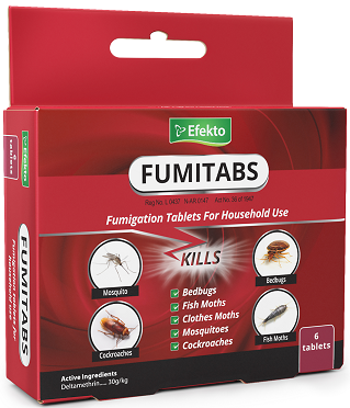 Fumigation tablets for household use. Kills bedbugs, fish moths, flies, clothes moths, mosquitoes and cockroaches.