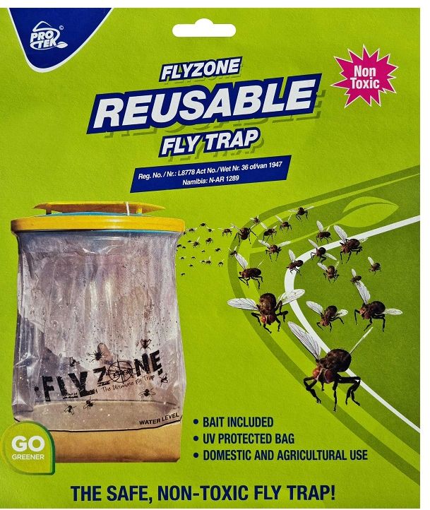 Reusable fly trap. Controls flies. Non-toxic organic protein bait. UV protected bags to ensure longer lifespan.