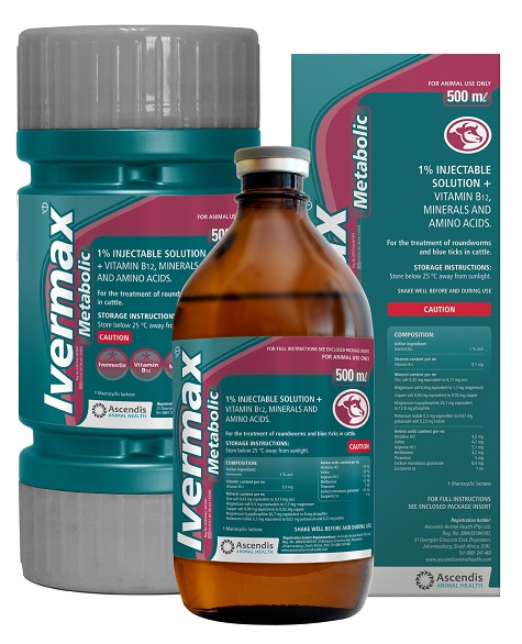 1% injectable solution & Vitamin B12, minerals and amino acids. For the treatment of roundworms and blue ticks in cattle.