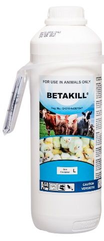 Betakill is a broad spectrum disinfectant which delays the spread of infectious Coryza and Newcastle disease when used to disinfect the drinking water and air in poultry house for broad spectrum disinfection of surfaces against all poultry viruses, bacteria, fungi, mycoplasma, yeasts and algae.