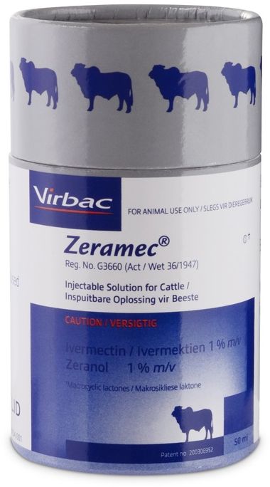 Is a non steroidal anabolic and antiparasitic injectable solution for use in cattle in intensive beef production systems. It results in improved body mass and feed conversion, and is an antiparasitic agent with a broad spectrum of action. Zeramec is indicated where an increase in mass gain is desired by controlling parasite burden and increasing feed conversion in young steers, heifers not intended for breeding. Zeramec is indicated where an increase in mass gain is desired by controlling parasite burden and increasing feed conversion in young steers, heifers not intended for breeding. Replacement heifers should be treated between 1 and 7 months of age. COMPOSITION : Ivermectin 1% m/v, Zeranol 1% m/v. Subcutaneous injection , at a dose of 1ml per 50kg body mass.