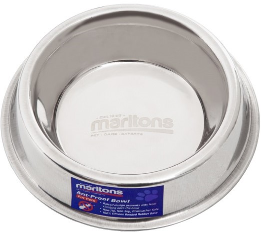 Ant-resistant pet feeding bowl. Raised design prevents ants from climbing onto the bowl. Dishwasher safe. Silicone bonded rubber base.