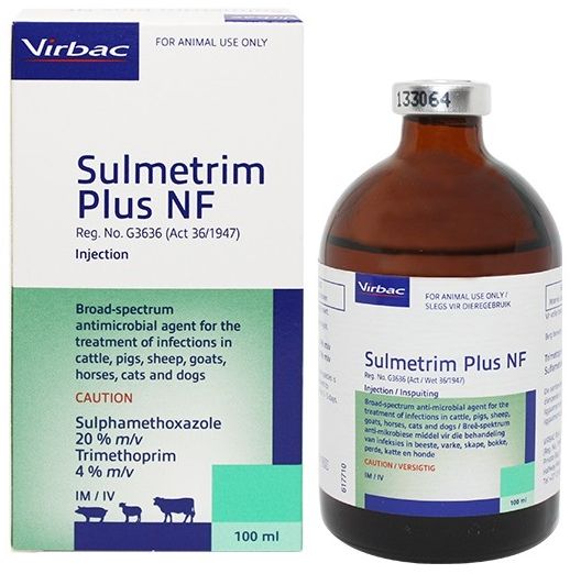Broad-spectrum antimicrobial (Trimethoprim 4% m/v, Sulphamethoxazole 20% m/v) for the treatment of infections in cattle, pigs, sheep, goats, horses, cats and dogs.