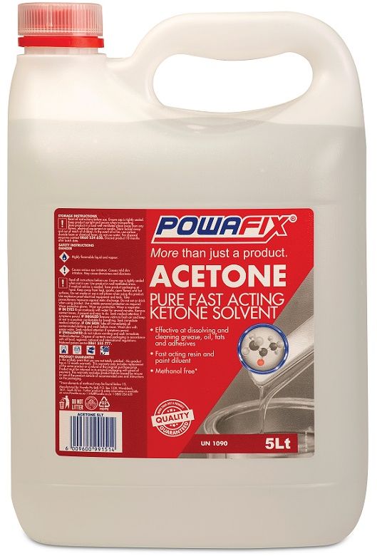 Powafix Acetone is a fast evaporating solvent used to generally clean. No methanol used. Trace Levels of methanol maybe be found below 1%.