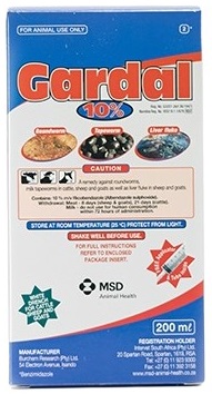 A remedy against roundworms, milk tapeworm and liver fluke in cattle, sheep and goats.