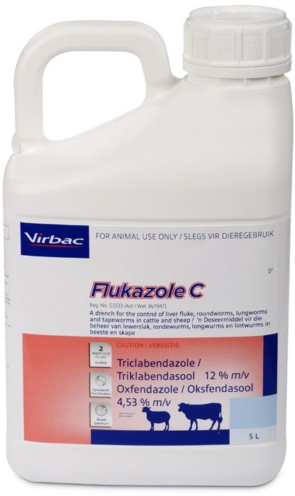 For the control of liver fluke, roundworms, lungworms and tapeworms in cattle and sheep. Flukazole C has a synergistic effect on early immature liver fluke, geared for optimal liver health. Flukazole C has a synergistic effect on early immature liver fluke, geared for optimal liver health. COMPOSITION : Triclabendazole 12% m/v, Oxfendazole 4,53% m/v. Ovicidal. Dosage: 1ml / 10kg body mass orally.