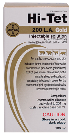 For the treatment of heartwater, anaplasmosis (tick-borne gall sickness), root rot, pneumonia, navel-ill and joint-ill in cattle, sheep and goats and pneumonia in swine, and for the treatment of pink eye (infectious bovine keratoconjunctivitis) in cattle. A stable, sterile, ready to use solution containing oxytetracycline dihydrate equivalent to 200mg oxytetracycline base per ml. After the administration of a single intramuscular injection of 1ml/10kg live body mass, sufficient oxytetracycline blood levels are sustained for 3-5 days in cattle, sheep, goats and pigs. After the administration of a single intramuscular injection of 1,5ml/10kg live body mass, sufficient oxytetracycline blood levels are sustained for up to 5-6 days in cattle and sheep.