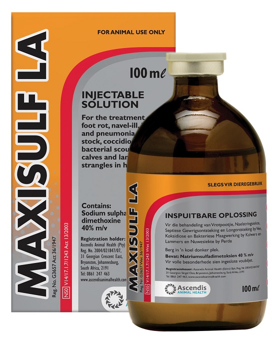 Injectable solution for the treatment of foot rot, navel-ill, oint-ill and pneumonia in stock, coccidiosis and bacterial scours in calves and lambs and strangles in horses.