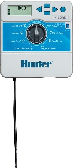 This simple irrigation controller offers optional on-site smart ET watering adjustments and handheld remote operation. This entry-level residential controller offers simple operation with smart Solar Sync compatibility. With easy-to-configure control for up to 8 stations, including 3 programs and 4 start times each, the X-Core is the perfect solution for residential applications. Plug in the revolutionary Solar Sync ET sensor and the X-Core is converted into a smart controller, that regulates irrigation runtimes based on locally measured weather. X-Core is also compatible with Hunter remotes for quick, wireless activation of irrigation. Installation, operation and maintenance are designed to be simple while still delivering optimal efficiency or reliability. Number of stations: 2, 4, 6, or 8 (fixed models). Solar Sync accessory saves water based on local weather conditions. Built-in key lock on outdoor models protects against vandalism.