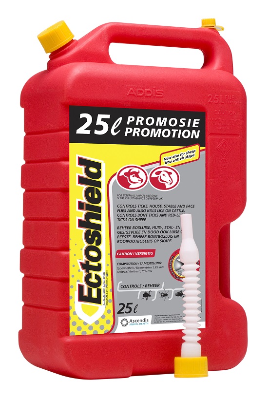 Controls ticks, house-, stable- and face flies and also kills lice on cattle. Controls bont ticks and red-legged ticks on sheep.