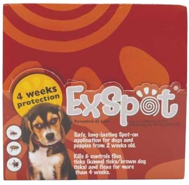 Spot-On for dogs and puppies from 2 weeks old. Kills and controls flies, ticks (kennel ticks/brown dog ticks) and fleas for more than 4 weeks.