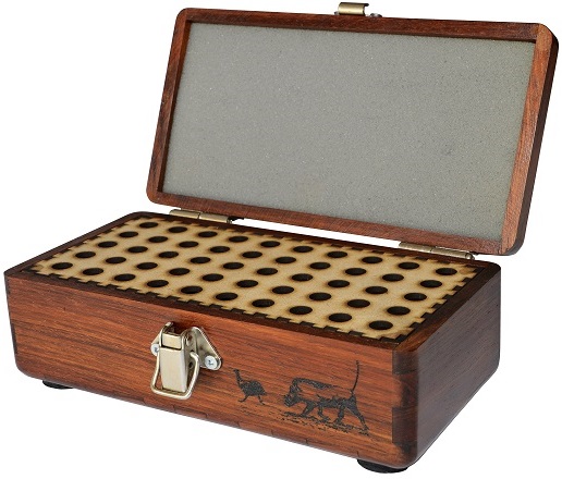 The Blacksmith Creations Ammunition Case is a handmade & high quality Kiaat wood case which houses 50 rounds in a point downwards position.
