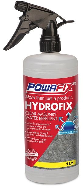 Powafix Hydro fix is a clear silicon concrete and plaster sealer that penetrates and repels water and moisture which prevents discolouration & fungi / algae growth.