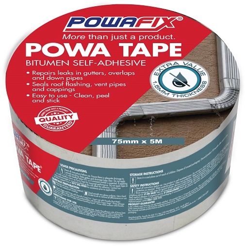 Powa Tape is an easy to use bitumen self-adhesive water proofing tape strip that can be applied to a variety of clean, well prepared surfaces. Powa Tape creates a water tight, Long Lasting seal on roof tiles, metal surfaces and fibre cement down pipes, gutters, roof flashings and vent pipes.