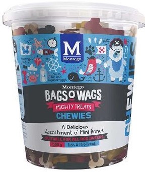 A Delicious Assortment o' Mini Bones. Highly nutritious, wagtastically delicious, Bags O' Wags are the treats dogs love to get and they're full of yummy goodness. The Bags O' Wags range of treats make on excellent reward for good behaviour. a tempting incentive when training or a between meal-snack that hits the spot. Ideal for daily use, Bags O' Wags treats make the perfect complement to every Montego Pet Nutrition dry or wet food diet. Bags O' Wags treats are made to the same high standards as all Montego Pet Nutrition products, using only the finest ingredients, prepared to perfection in our world-class facility. Disclaimer: Treat only, not a complete and balanced diet.