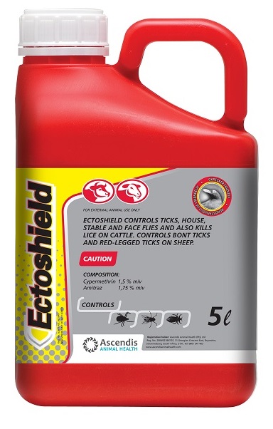 Controls ticks, house-, stable- and face flies and also kills lice on cattle. Controls bont ticks and red-legged ticks on sheep.