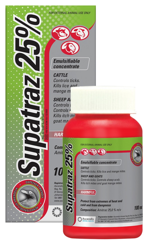 Emulsifiable concentrate. Controls ticks and kills lice and mange mites on cattle. Controls ticks & sheep scab and kills itch mites and goat mange mites on sheep and goats.