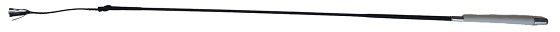 An elegant whip - perfect for shows. White handle with a silver metal end. Slim fitting , easy to hold and fit in your hand. Child and adult size - 90cm and 110cm.
