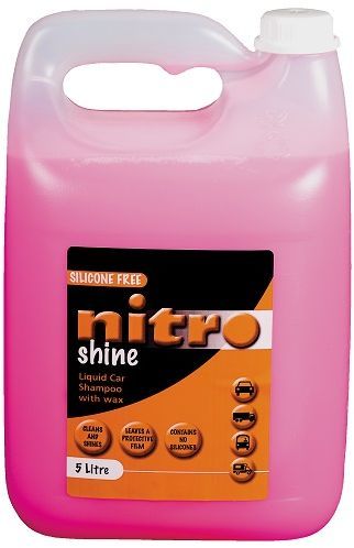 Liquid car shampoo with wax cleans and shines at the same time, it leaves a protective film on the vehicle. Ensure the vehicle body is at room temperature before starting to wash. Add 50ml Nitro Shine to 10 litres of water. Apply with sponge or soft cloth. Rinse after washing. Buff with a soft cloth to enhance shine if preferred.