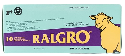 Hormone-free growth stimulant for improved body mass gain and feed conversion in sheep of any age and any sex in feedlots and on good grazing plus supple-ment. Do not use in breeding sheep.