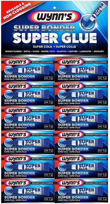 Wynn's Super Glue is a quick drying, high strength cyanoacrylate adhesive available on a display card containing 12 x 3g tubes. The extended non-clogging nozzle allows for accurate and precision gluing.