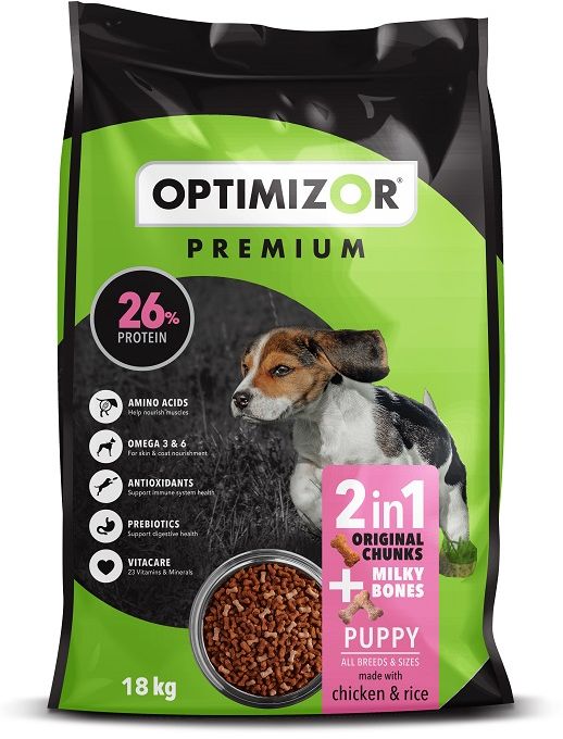 Optimizor Premium Puppy with Milky Bones contains 26% protein and easily digestible milk proteins for development and growth. The inclusion of easy-to-digest milk proteins in our kibble means that we can offer increased calcium in the form of milky bones' in our puppy food. Together with VitaCARE, and Omega 3 and 6, Optimizor Premium Puppy has everything your puppy needs for healthy growth and development.