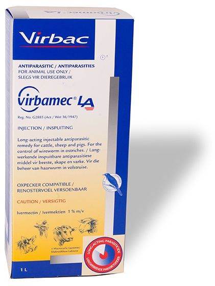 Long acting injectable antiparasitic remedy for cattle, sheep, pigs and ostriches. Oxpecker-compatible. The reliable 1% Ivermectin of choice for the trusted control of internal and external parasites (with persistency), for improved production in cattle, sheep, pigs and ostriches. The reliable 1% Ivermectin of choice for the trusted control of internal and external parasites (with persistency), for improved production in cattle, sheep, pigs and ostriches. COMPOSITION : Ivermectin 1% m/v. Cattle and sheep : Inject 1ml per 50kg body mass. Pigs: Inject subcutaneously or intramuscularly at 1ml per 33kg body mass.