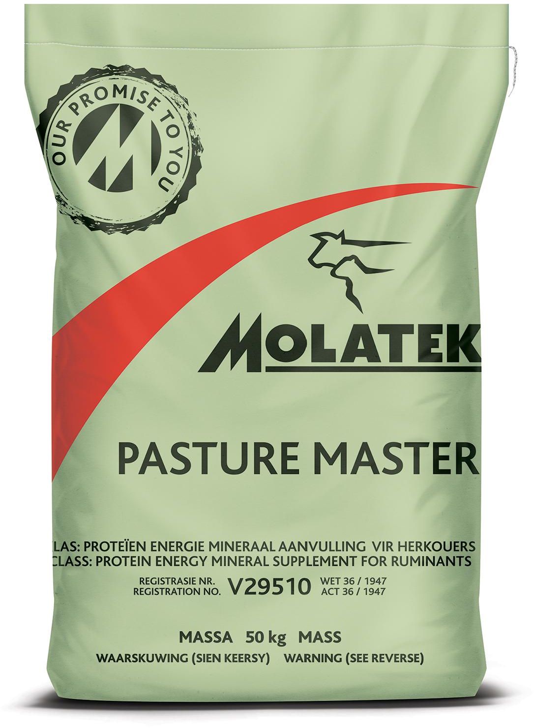 Pasture Master is an excellent high-quality protein and energy supplement suitable for the rearing, backgrounding and finishing of calves and lambs on fertilized green pastures. Calves can be backgrounded and finished on Pasture Master. Calves learn to eat from feed troughs early, minimising stress on arrival at the feedlot. Calves that are backgrounded on Pasture Master for 45 days and longer, have an ear implant and have been vaccinated against viruses and bacterial diseases, are more resistant against illnesses. When feed prices are high and carcass prices low, it is cheaper to finish off animals on green pastures than in the feedlot. Contains a growth promoter that improves feed conversion and average daily gain. It also counteracts bloat, diarrhea and coccidiosis. Excellent quality, urea-free, protein supplement suitable for dairy heifers.