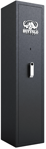 7 Gun Silver Series. The secure Buffalo River Silver Series Safes meets and surpasses SABS standards. With their 6mm thick doors & 3mm thick walls and anti-jemmy door design constructed out of solid steel. The safes feature five locking bolts with eight locking lugs and high security key lock. The interior has lockable storage, cleaning rod holders, rubber gun rack and carpet finish. For easy installation, mounting holes comes standard with mounting bolts. The exterior features a rugged black powder coat finish with a silver logo and robust handle. You will be safe with each turn of the positive feedback locking system every time you open and close your safe. The 7-Gun safe is 1530x380x430mm and 80kg.